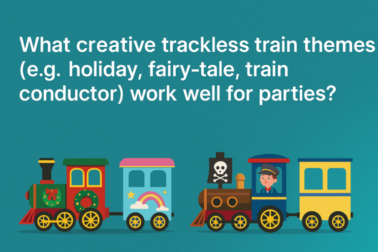 What creative trackless train themes (e.g. holiday, fairy-tale, train conductor) work well for parties?