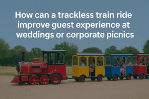 How can a trackless train ride improve guest experience at weddings or corporate picnics?