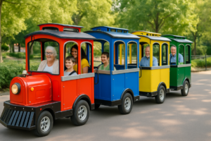 Are trackless train rides safe and suitable for young children and elderly guests?