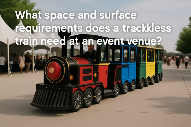 What space and surface requirements does a trackless train need at an event venue?