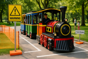 How much clear area is needed to operate a trackless train safely at a park or fairground?