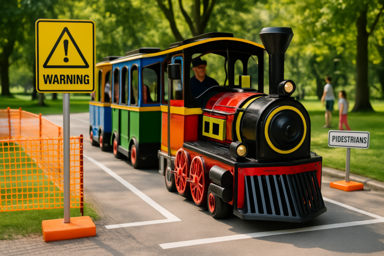 How much clear area is needed to operate a trackless train safely at a park or fairground?