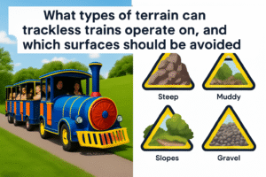 What types of terrain can trackless trains operate on, and which surfaces should be avoided?