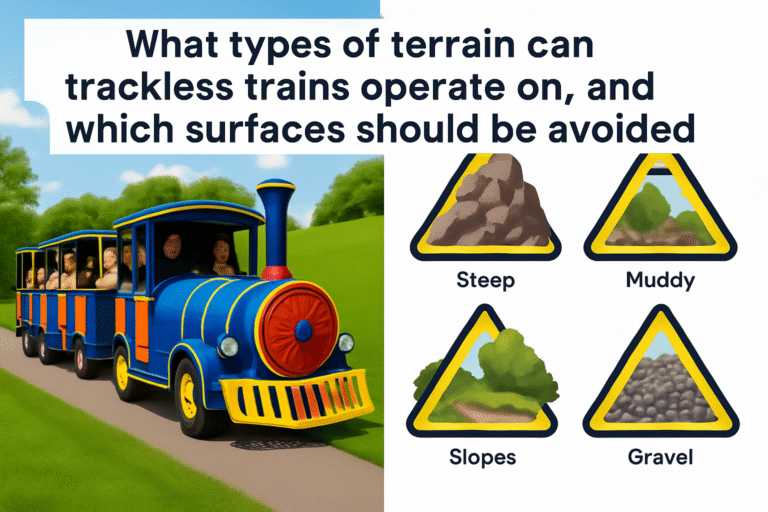 What types of terrain can trackless trains operate on, and which surfaces should be avoided?